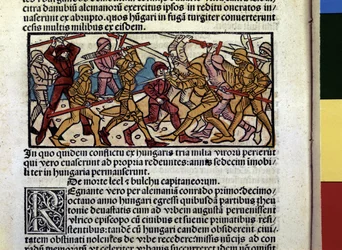 MAGIARS Gevecht van: Illustratie uit boek "Kroniek van Hongarije"