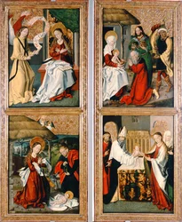 De Aankondiging, de Geboorte van Christus, de Aanbidding door de Wijzen en de Presentatie in de Tempel van het Szepeshely-altaarstuk, 1480-90