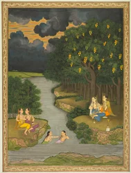 Vrouwen genieten van de rivier aan de rand van het bos