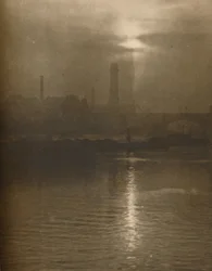 Mist van een Londense avond aan de Surrey Shore bij Waterloo Bridge, ca. 1935