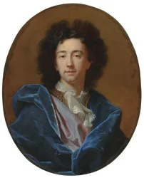 Portret van de kunstenaar, borstbeeld, in een kanten das en blauwe mantel