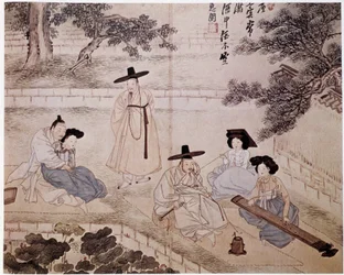 Muziek, parfum en koppel in een tuin, Korea - door Hye-Wol, Yi-dynastie