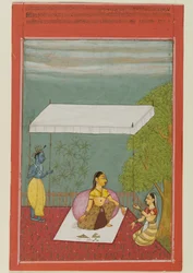 Nayika Wacht op Haar Minnaar, pagina uit een serie die de Rasikapriya van Keshavadasa illustreert, 1692