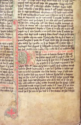 Geïllustreerde initiaal P aan het begin van De Saga van de Groenlanders, uit Flateyjarbok (Het Boek van Flatey) eind 14e eeuw