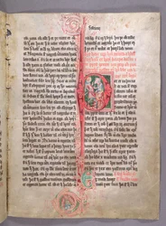Geïllustreerde initiaal P met twee handelaren, uit het begin van het gedeelte over handel, uit Skarosbok (Het Boek van Skard) ca. 1350