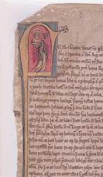 Geïllustreerde initiaal aan het begin van De Saga van de Twee Apostelen Johannes en Jacobus, uit Codex Scardensis, ca. 1360