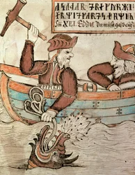 Thor vist naar de slang van Midgard, vanuit de boot van de reus Hymir
