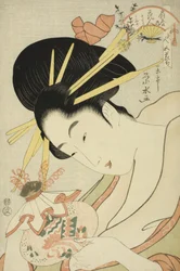 De Courtisane Hanahito van de Ogiya en bedienden Sakura en Momiji, uit de serie Schoonheden van de Vijf Festivals
