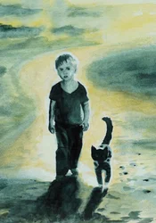 Jongen en kat lopen