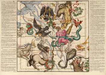 Winterzonnewende, Plaat 5 uit Globi coelestis in tabulas planas redacti descriptio, uitgegeven 1674 (handgekleurde gravure)