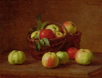 Appels in een mand en op een tafel