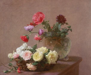 Klaprozen in een kristallen vaas, of mand met rozen, 1890