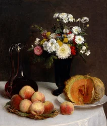 Stilleven met karaf, bloemen en fruit, 1865
