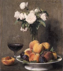 Stilleven met rozen, fruit en een glas wijn, 1872