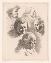 Compositie met zes hoofden van mannen en vrouwen met gesloten ogen