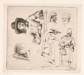 Compositie met schrijvende man, hoofd van een vrouw en vier mannelijke figuren