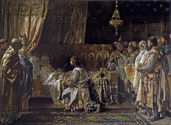 Koning Jacobus I de Veroveraar geeft zijn zwaard aan zijn zoon, Pedro, 1881