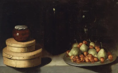 Stilleven (schaal met kersen en peren, dozen en pot honing)