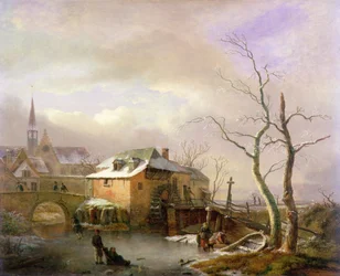 Een Winterlandschap met Boeren op een Bevroren Molenplas bij een Dorp