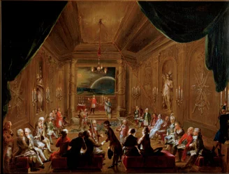 Bijeenkomst in Wenen van de vrijmetselaarsloge Zur gekrönten Hoffnung in 1790. Wolfgang Amadeus Mozart (1756-1791) zit rechts op de voorgrond. Schilderij van Ignaz Unterberger. Historisches Museum der Stadt Wien