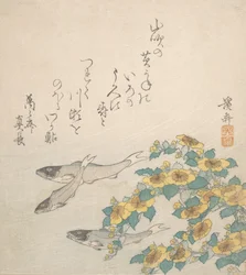 Vissen zwemmen met gele bloemen, ca. 1830