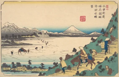 Lake Suwa vanaf Shiojiri Pass, ca. 1835