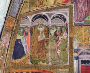 St. Franciscus smeekt Paus Honorius III om de Bevestiging van de Aflaat, fresco uit de Porziuncola, 1393