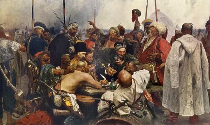 Het antwoord van de Zaporogues Kozakken aan Sultan Mehmet IV (Muhammad, Mehmet, Mehmed, Mahmoud) uit Turkije, gravure van de 19e eeuw naar een schilderij van Ilya Repine