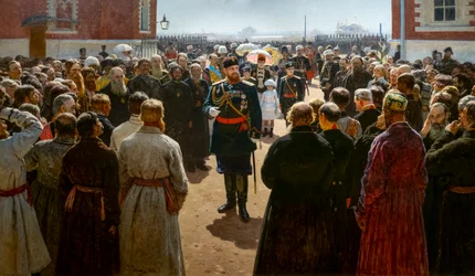 Alexander III ontvangt de decanen van kantons op de binnenplaats van het paleis