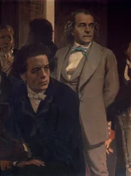 Anton Grigoryevich Rubinstein (1829-94) en Alexander Nikolayevich Serov (1820-71), uit Slavische componisten, 1890s (detail)