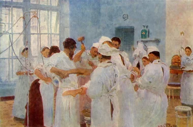 Chirurg Yevgeni Vasilyevich Pavlov 1845-1916 in de operatiekamer