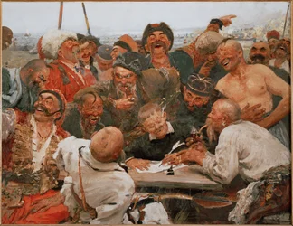 De kozakken van Zaporozhye schrijven een spotbrief aan de Turkse sultan (olieverfschets)