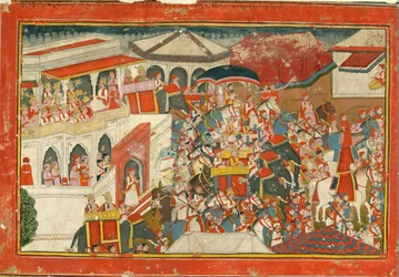 Krishna en Balarama vertrekken uit een paleis