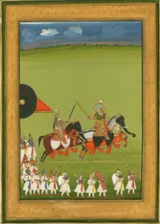 Rajah en zoon op paarden vermomd als olifanten, en suite van bedienden, ca. 1810