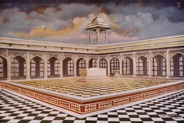 Agra: De graftombe van Akbar met zijn marmeren gebouwen (kleurenfoto)