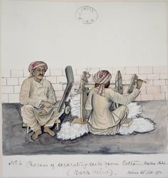 Twee mannen die katoen ontzaden, Bombay, ca. 1873