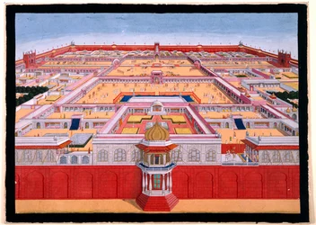 Vogelperspectief van het Rode Fort in Delhi vanuit het oosten, met een keizer, waarschijnlijk Shah Alam (1759-1806), die de Diwan-i-Khas binnengaat, ca. 1780-90