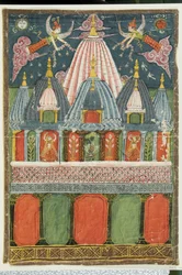 Een tempel met een beeld van Venu-gopala-krishna met twee dansende meisjes die optreden voor de godheid