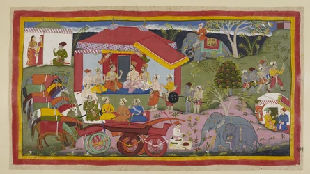In een kampementsscene wordt Guha de Nishadakoning geïntroduceerd in de vergadering van de prinsen, brahmanen en ministers. De paarden, losgemaakt van de wagens, staan in een rij vastgebonden en geketend, terwijl een mahout poeder bereidt voor de de