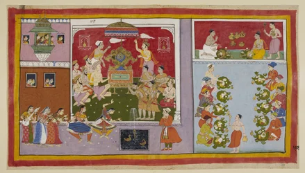 Add 15296 (1) f.106r, Door zijn magische krachten heeft Bharadvaja een paleis in een lusthof getoverd voor het vermaak en de verfrissing van zijn gasten. Bharadvaja en de andere asceten en brahmanen zitten in de troonzaal, terwijl de twee prinsen eerst.