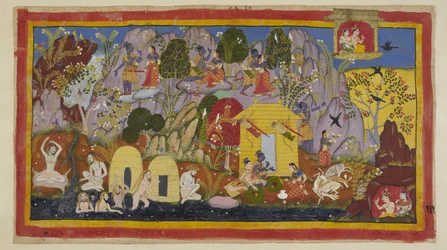 Add 15296 (1) f.111r, Ondertussen is alles vredig met de ballingen in hun verblijf op de Citrakuta-berg. Rama wijst Sita op de schoonheid ervan - de vele soorten prachtige bomen en vogels, de rotsen gekleurd door edelstenen en mineralen, en de Mandakini-ri
