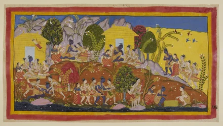 Bharata en Shatrughna werpen zich aan de voeten van Rama, die zijn jongere broers omhelst en hun hoofden ruikt. Rama neemt hen op zijn schoot terwijl hij naar hun welzijn en dat van hun vader vraagt.