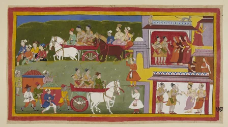 De processie keert terug naar Ayodhya, langs de onderkant van het schilderij, de verdrietige en verlaten stad die het domein is van katten en uilen. Bharata en Shatrughna nemen afscheid van de koninginnen en vertellen Vasistha dat ze zich zullen terugtrekk