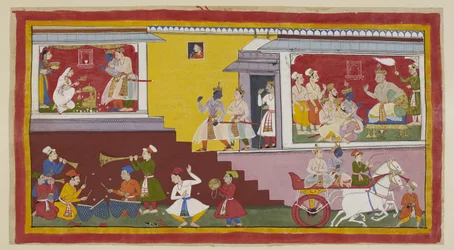 Add 15296 (1) f.14r, Rechts vertelt Dasaratha opnieuw aan Rama dat hij hem koning zal maken, met Vasistha, Laksmana, een andere Brahmaan en ministers aanwezig. Rama en Laksmana verlaten dan de koning om Kausalya te bezoeken, die links in het wit gekleed is