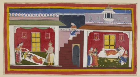 Add 15296 (1) f.22r, Manthara daalt van boven neer, gaat rechts Kaikeyi
