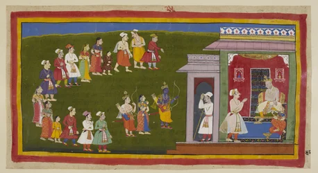 Rama en Laksmana, gekleed als voorheen maar gewapend met zwaard, boog en pijlen, vergezeld door Sita, zijn nederig door de straten gelopen die vol rouwende mensen zijn naar het paleis van hun vader. Sumantra kondigt hen aan bij de troon