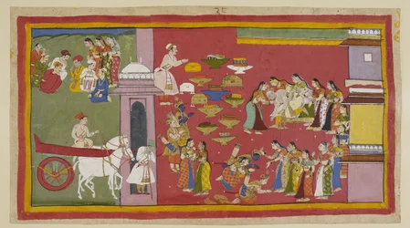 Rechts, als hij zijn zonen en Sita in schorskleding ziet, verliest Dasaratha het bewustzijn en valt van de troon. De drie ballingen knielen voor de koninginnen. Sita wordt omhelsd door Kausalya, die haar onnodig herinnert aan haar eerste plicht.