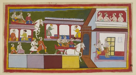 De prinsen rijden in hun wagen door de hoofdstraat van Ayodhya, zich verwonderend over de verandering in de stad sinds ze deze verlieten, en betreden dan het paleis, met vragende gebaren. In een bovenkamer overleggen een brahmaan en drie ministers