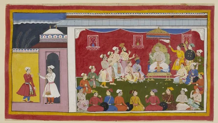 Dasaratha zit op zijn troon in volle durbar, met Rama en Laksmana knielend naast hem, terwijl de boodschapper die door Bharata vanuit het hof van zijn grootvader is gestuurd de koning vertelt hoe ijverig zijn andere twee zonen studeren. Een ring van c