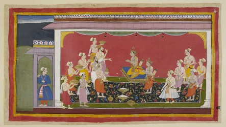 Add 15296 (1) f.96r, Bharata en Shatrughna hebben de begrafenisrituelen van hun vader uitgevoerd en veertien dagen later, na de voorgeschreven rouwperiode, brengen de priesters onder leiding van Vasistha en ministers de nodige artikelen voor de kroning naa